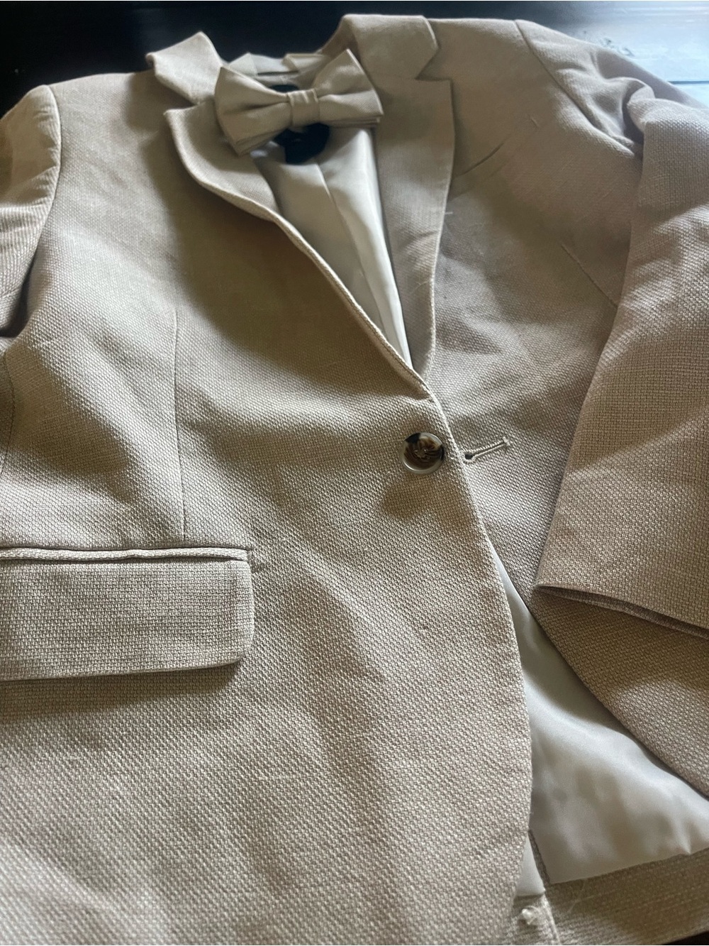 Beige Linen-Look Blazer & Pants Set with Bow tie Accent - Picture 4 of 9